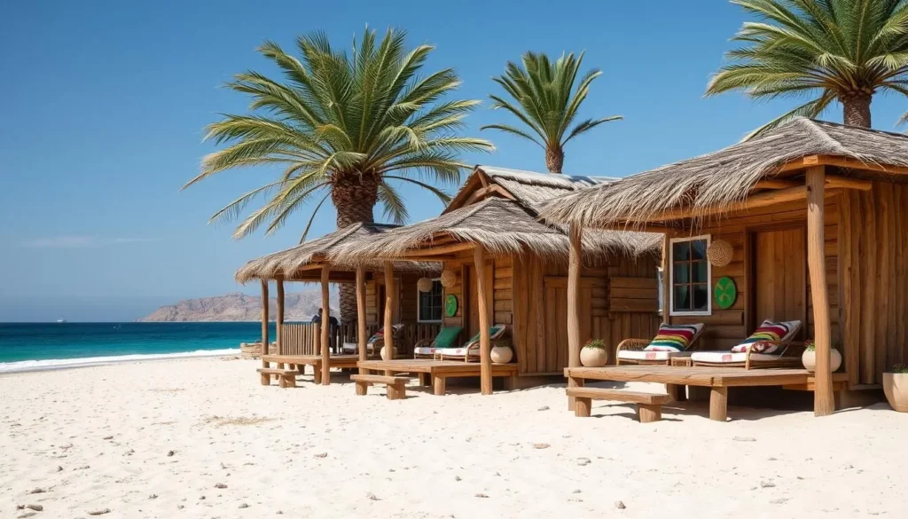 Rustic beachfront cabañas at Cabo Pulmo with palm-thatched roofs and ocean views