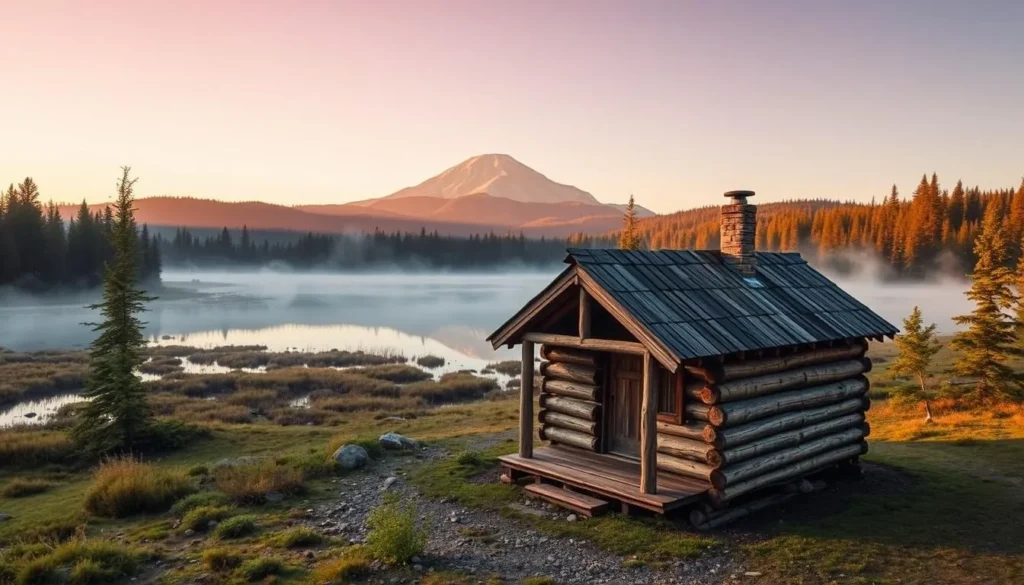 Rustic cabin accommodations at Daicey Pond in Baxter State Park with Mount Katahdin visible in the background