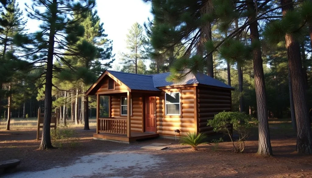Rustic cabin accommodations at Lake Louisa State Park surrounded by pine trees Rustic cabin accommodations at Lake Louisa State Park surrounded by pine trees