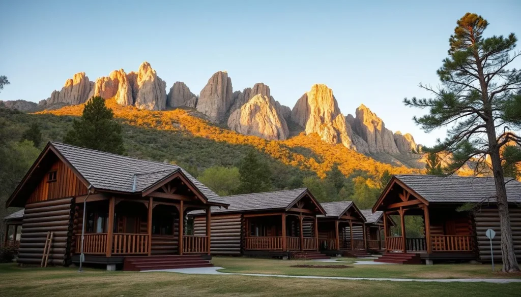 Rustic cabin accommodations at Sierra de Organos National Park with rock formations in the background