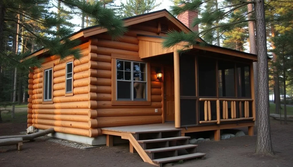 Rustic cabin at Georgian Bay Islands National Park with screened porch and forest surroundings