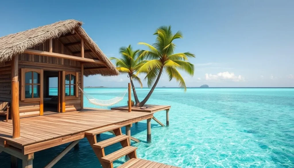 Rustic wooden bungalow with thatched roof on stilts over turquoise water in Togean Islands Rustic wooden bungalow with thatched roof on stilts over turquoise water in Togean Islands