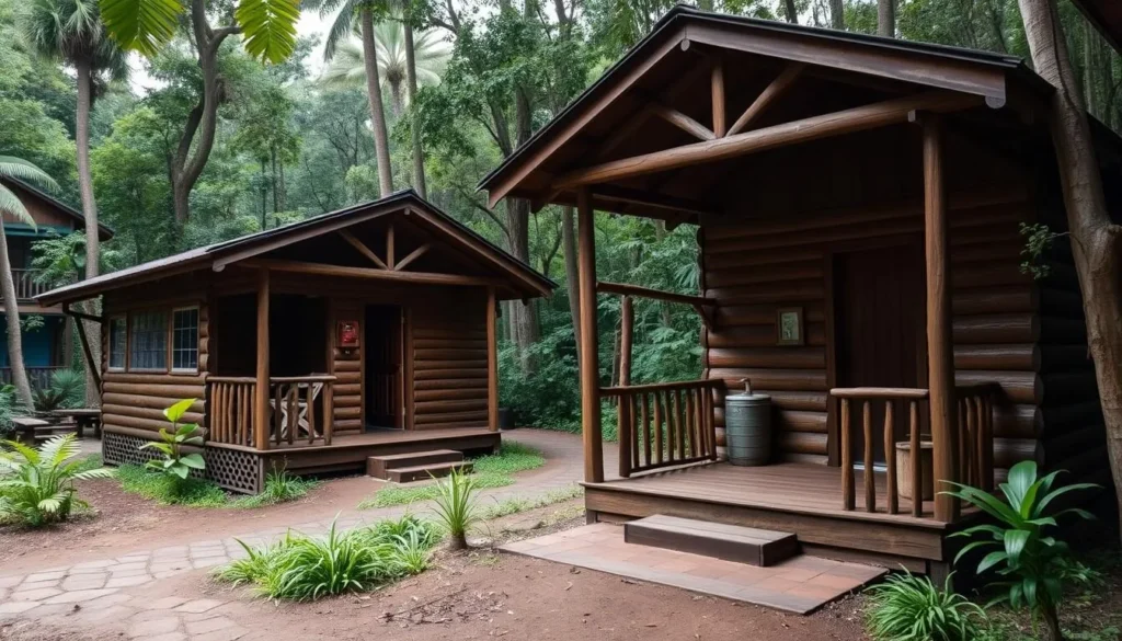 Rustic wooden cabins at Los Planes Visitor Center in Montecristo Trifinio National Park