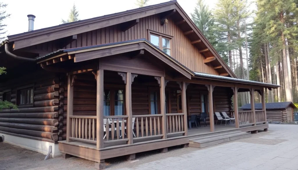 Rustic wooden guest house near Chavash Varmane National Park surrounded by forest