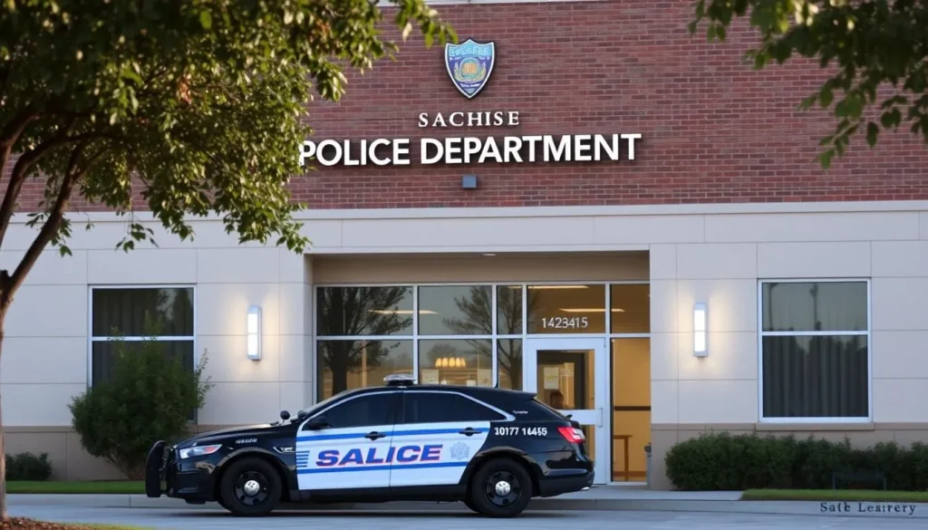 Sachse Police Department building with police vehicles Sachse Police Department building with police vehicles
