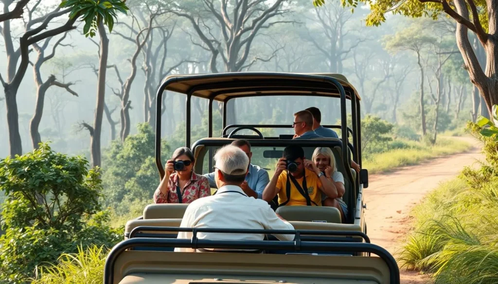 Safari jeep driving through Wilpattu National Park with tourists observing wildlife