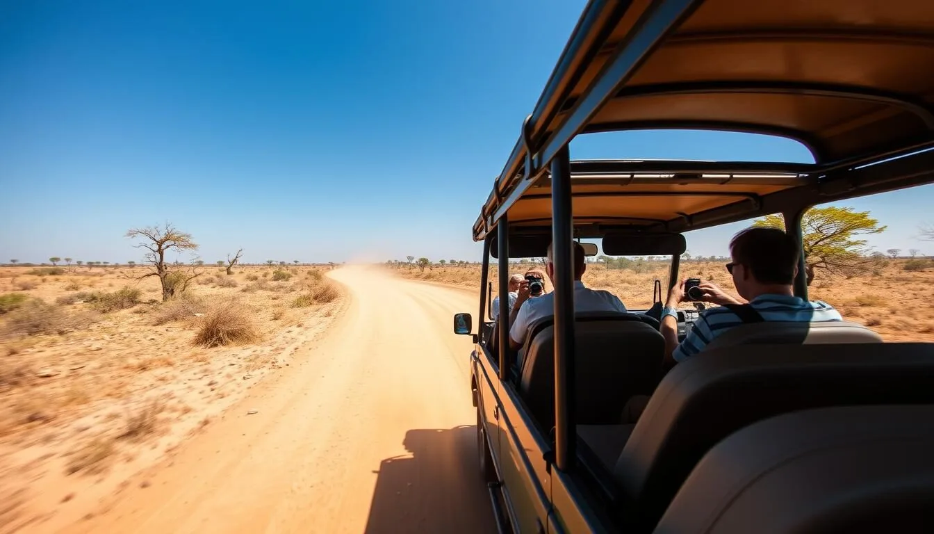 Safari jeep driving through Yala National Park with tourists spotting wildlife