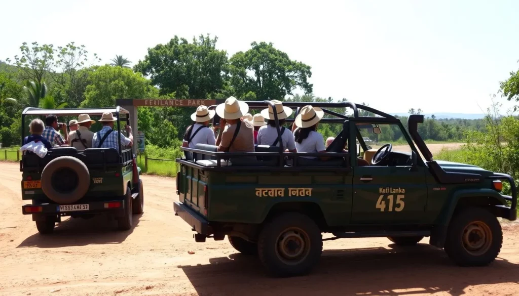 Safari jeep entering Kaudulla National Park in Sri Lanka with tourists ready for wildlife viewing