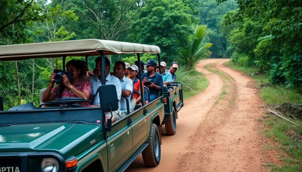 Safari jeep exploring Kala Wewa National Park with tourists