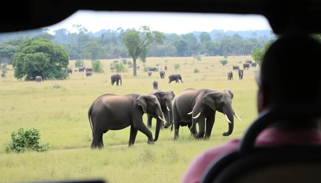Safari jeep observing elephants in Wasgamuwa National Park, Sri Lanka