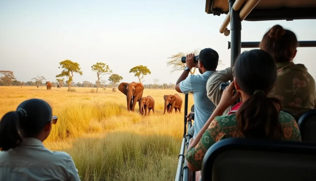Safari jeep with tourists observing elephants in Kumana National Park, Sri Lanka
