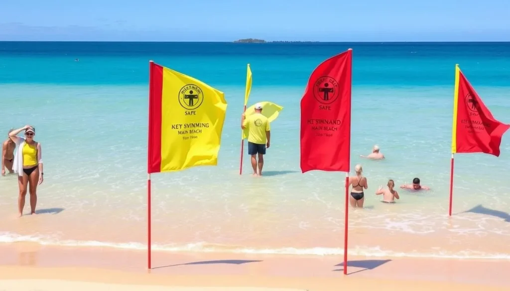 Safe swimming area with flags at Yeppoon Main Beach with lifeguards on duty Safe swimming area with flags at Yeppoon Main Beach with lifeguards on duty