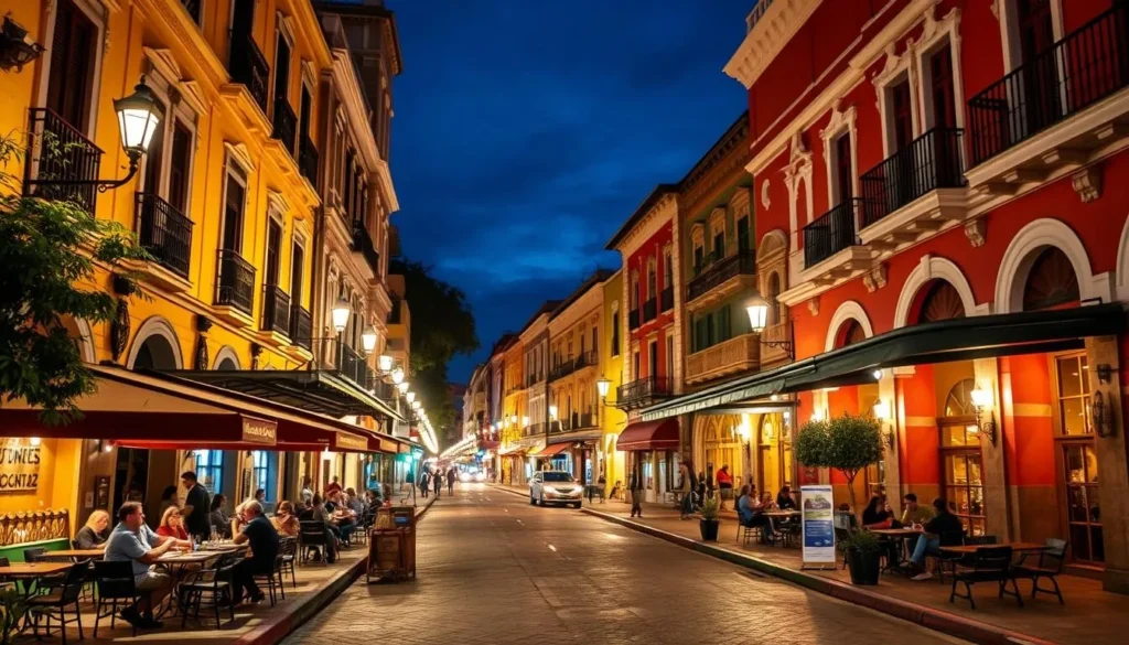 Safe, well-lit street in Barrio Antiguo district of Monterrey with people dining at outdoor restaurants