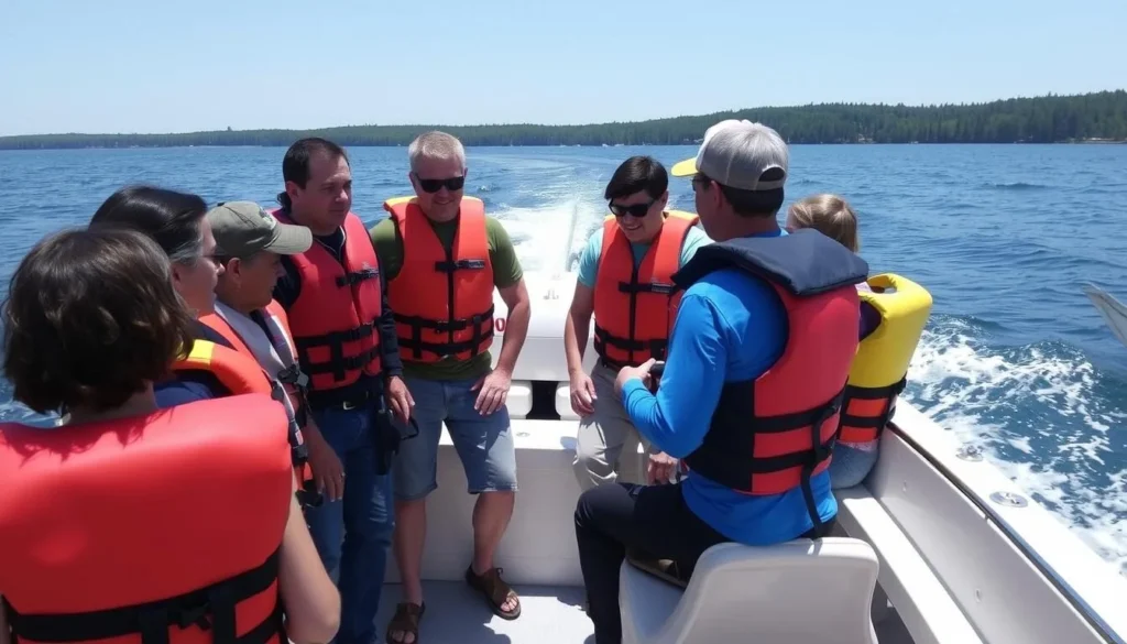 Safety demonstration for proper life jacket use on a Lake Nipissing boat