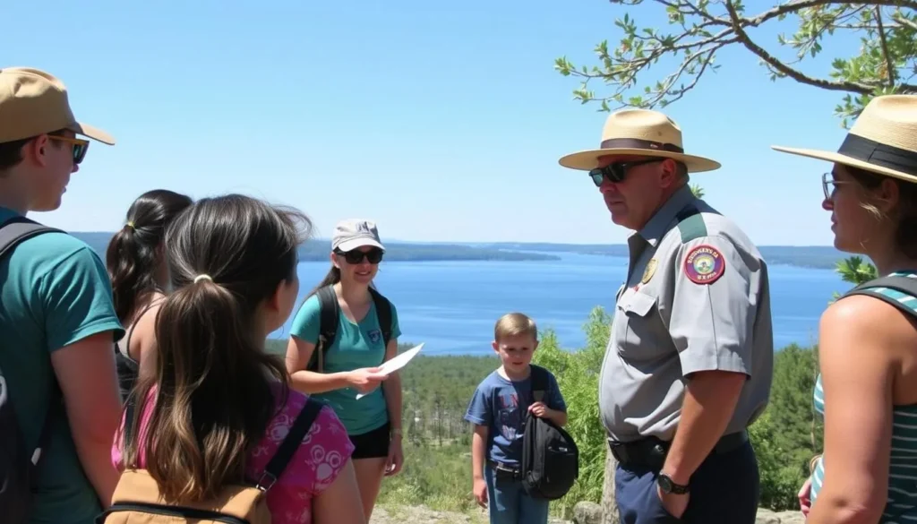 Safety information display at Lake Talquin with park ranger assisting visitors Safety information display at Lake Talquin with park ranger assisting visitors