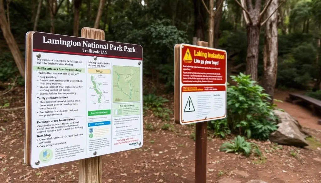 Safety information sign at a Lamington National Park trailhead with hiking guidelines