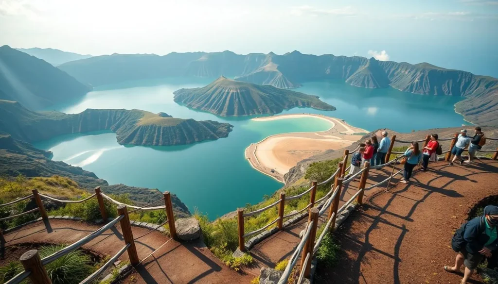 Safety railings at Kelimutu National Park viewpoint overlooking the crater lakes Safety railings at Kelimutu National Park viewpoint overlooking the crater lakes