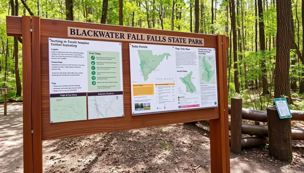 Safety signage at Blackwater Falls State Park trail with hiking safety information