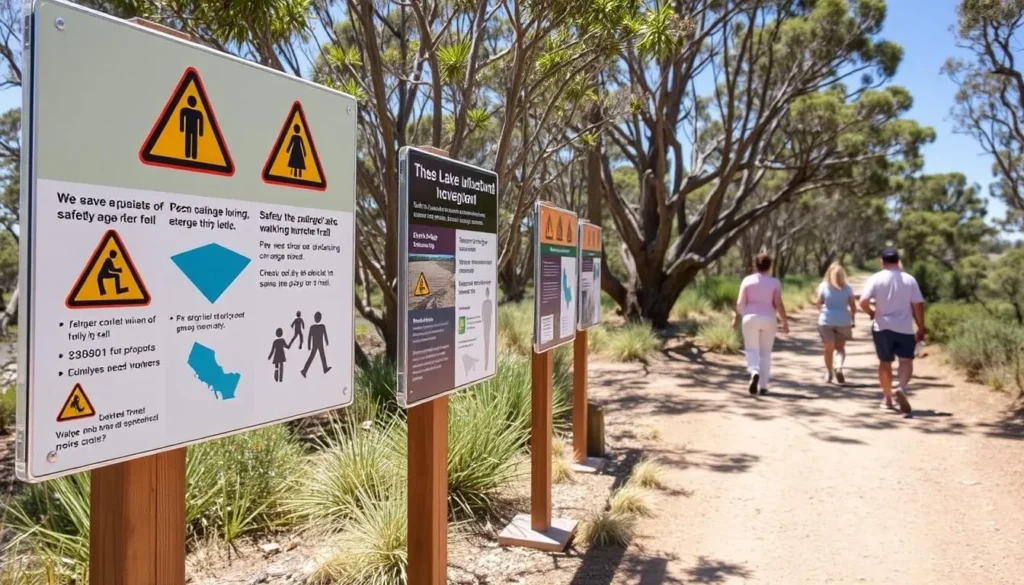 Safety signage at Blue Lake walking trail in Mount Gambier