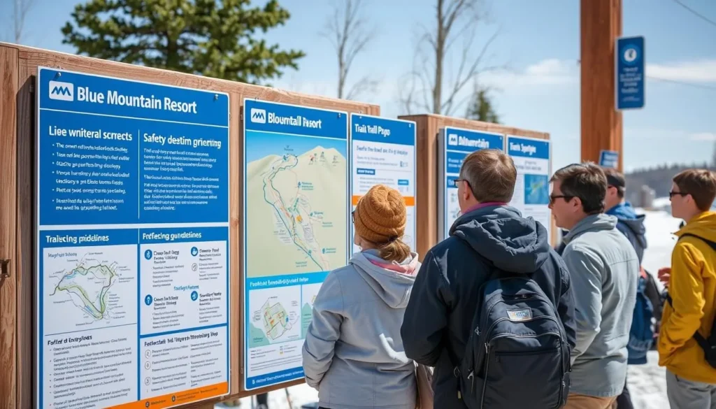 Safety signage at Blue Mountain Resort showing trail maps and safety guidelines