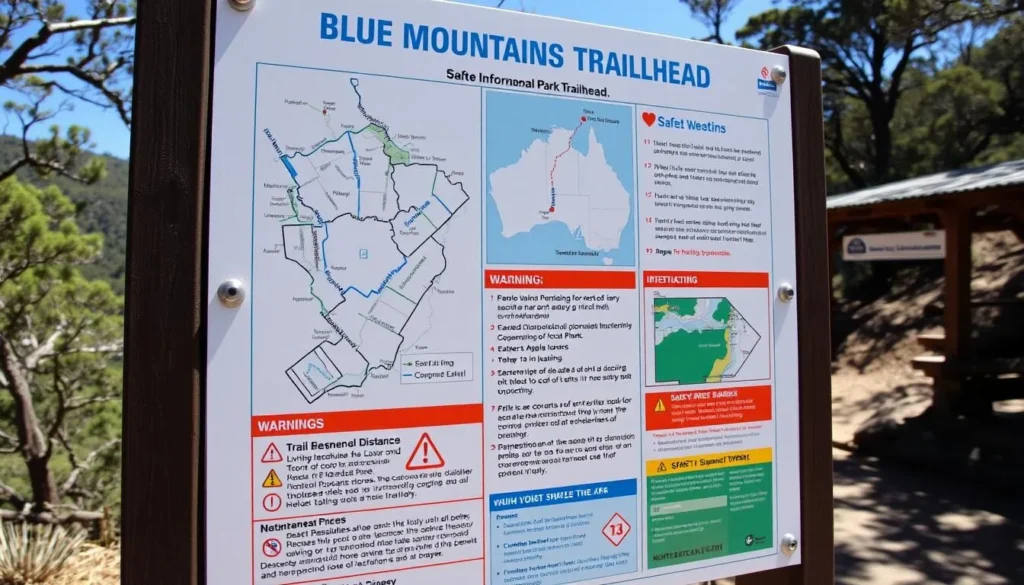Safety signage at Blue Mountains National Park trailhead with map and warnings Safety signage at Blue Mountains National Park trailhead with map and warnings