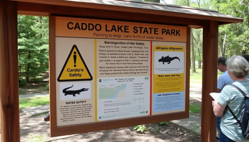Safety signage at Caddo Lake State Park warning about alligators Safety signage at Caddo Lake State Park warning about alligators