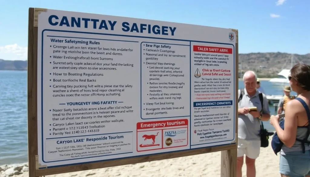 Safety signage at Canyon Lake with water safety rules and guidelines