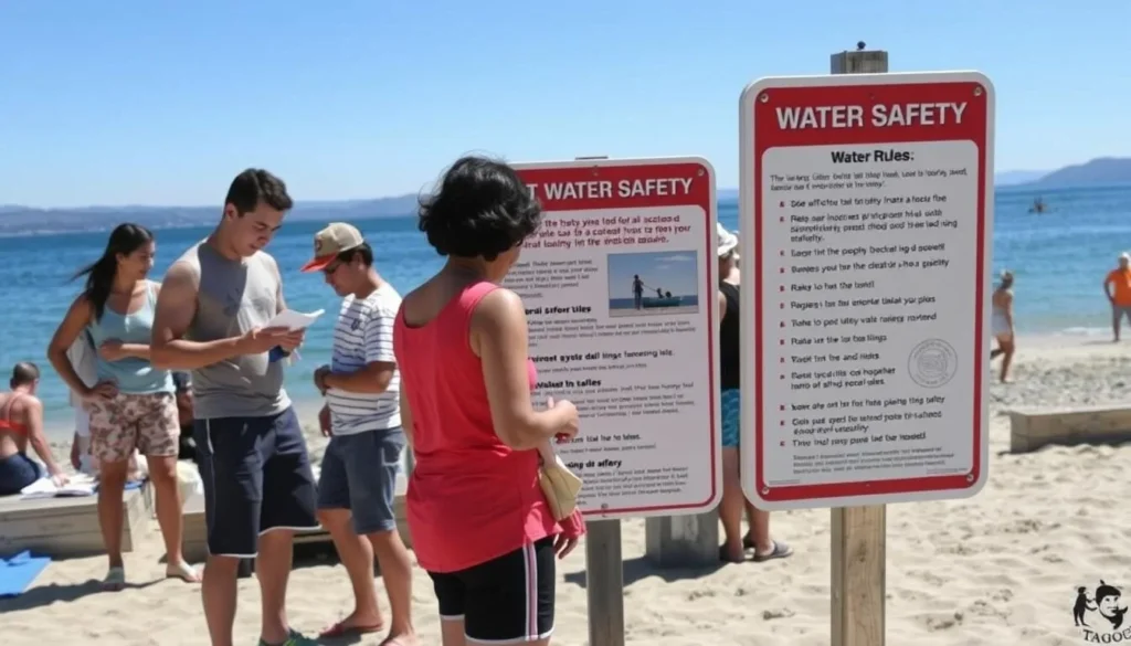 Safety signage at Kings Beach State Recreation Area with Lake Tahoe in background