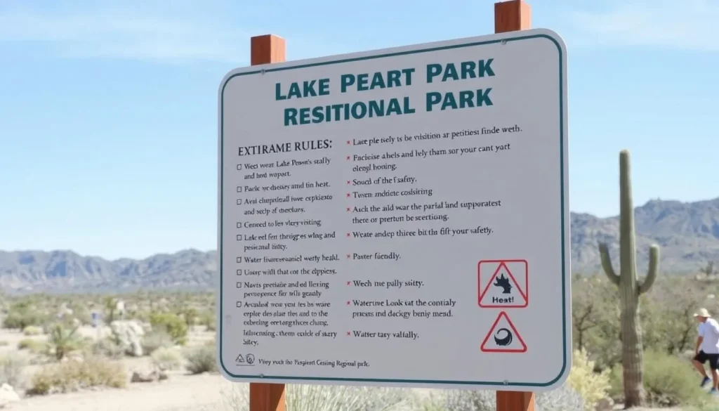 Safety signage at Lake Pleasant Regional Park with desert landscape