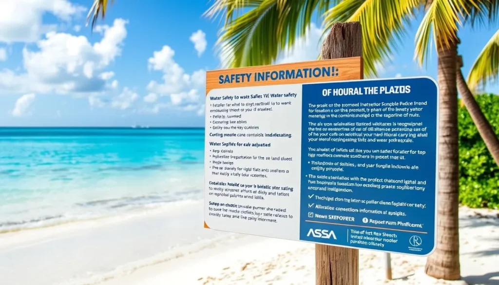Safety signage at Rum Point beach with water safety information