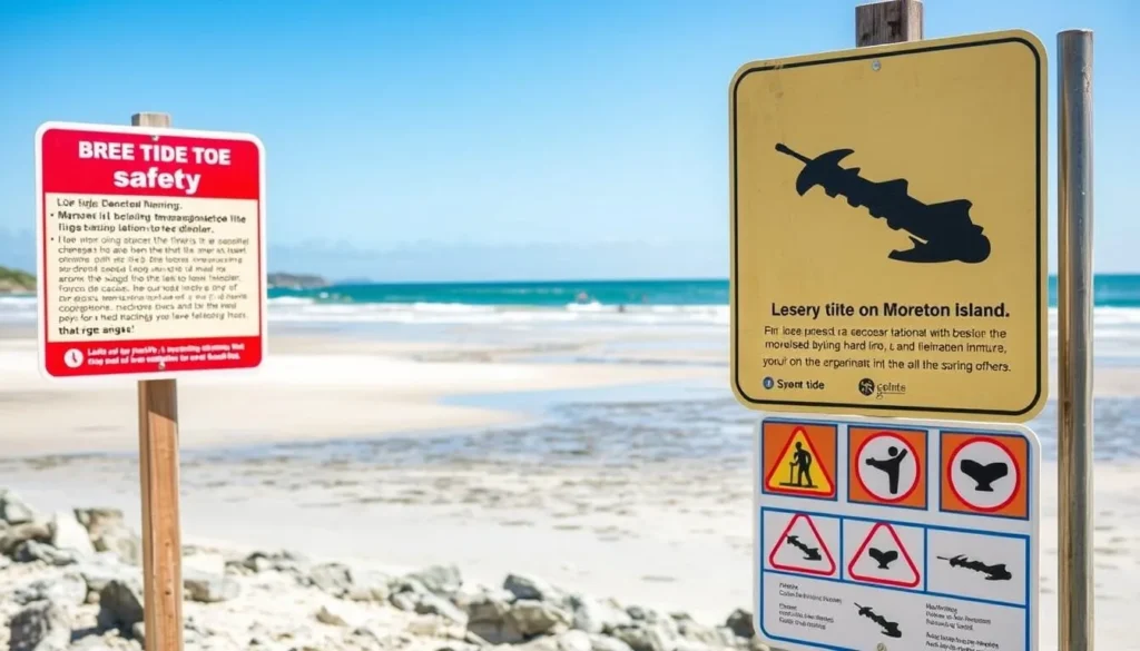 Safety signage on Moreton Island Queensland beaches with tide information