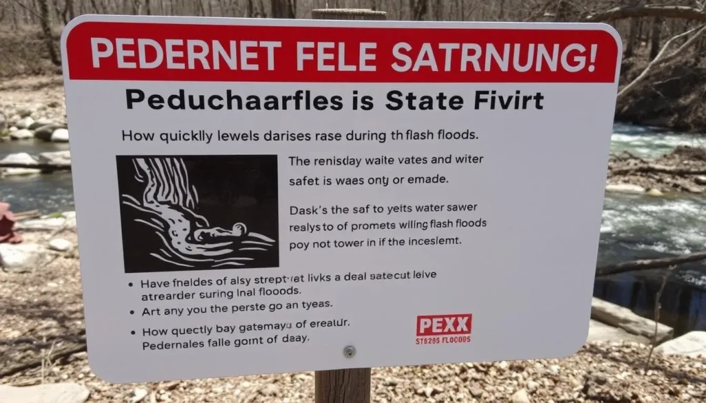 Safety warning sign at Pedernales Falls State Park about flash flood danger Safety warning sign at Pedernales Falls State Park about flash flood danger