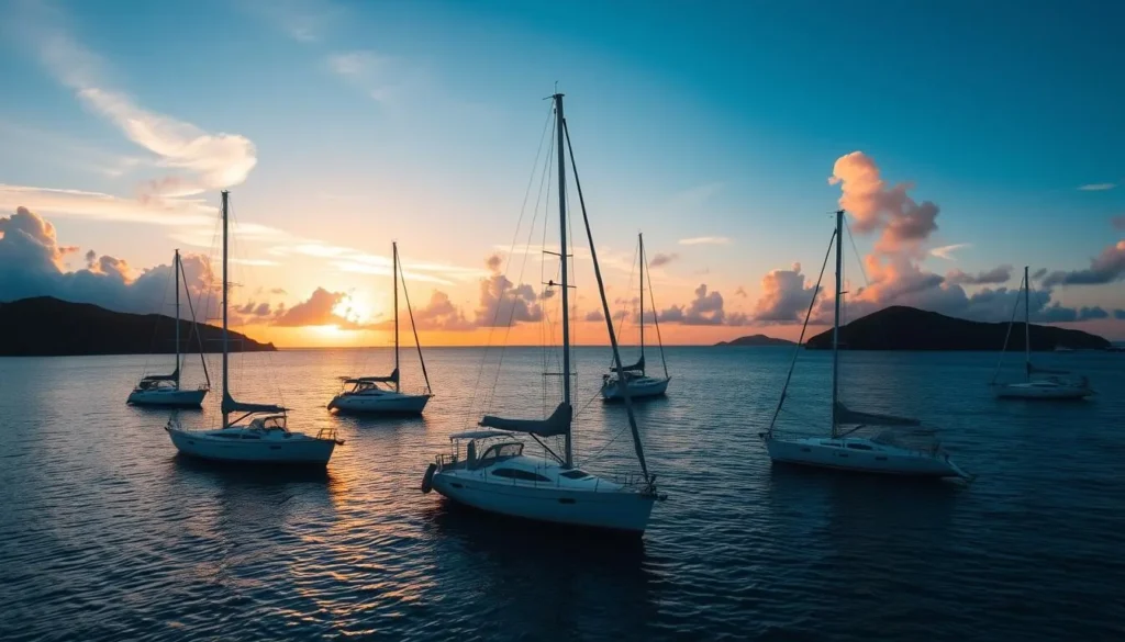 Sailboats anchored near Salt Island with sunset in background