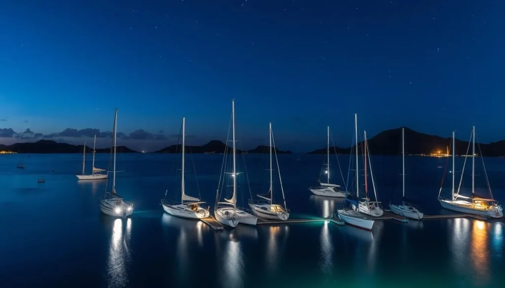 Sailboats and yachts moored overnight in The Bight with stars visible in the night sky