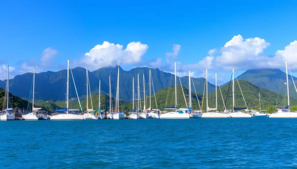 Sailboats in a protected harbor in the British Virgin Islands preparing for changing weather Sailboats in a protected harbor in the British Virgin Islands preparing for changing weather