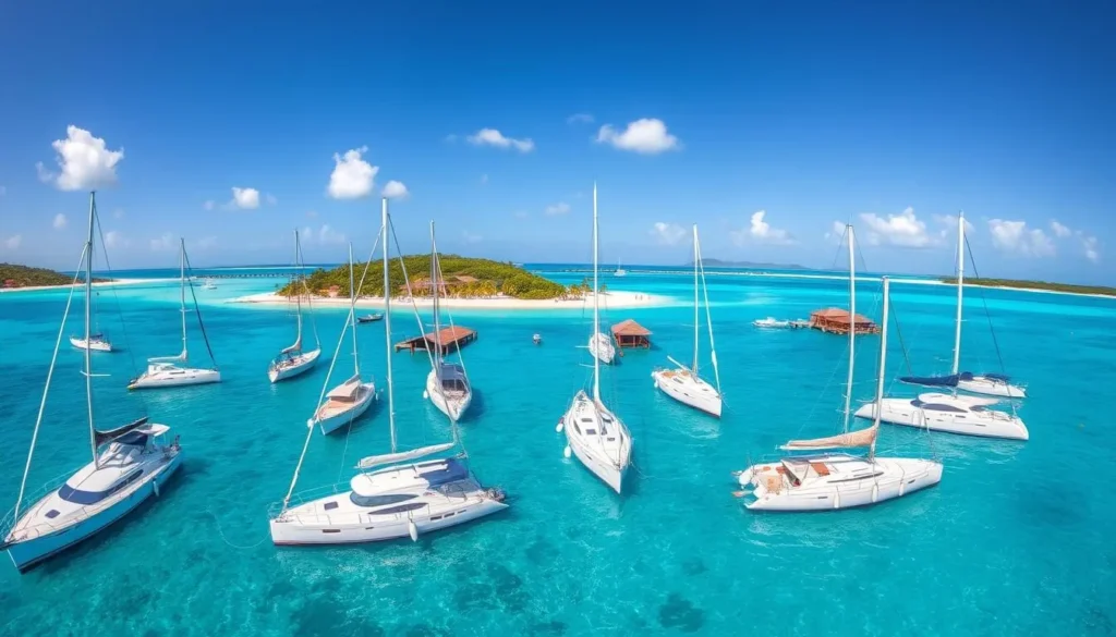 Sailboats moored in Manchioneel Bay at Cooper Island with Beach Club visible on shore