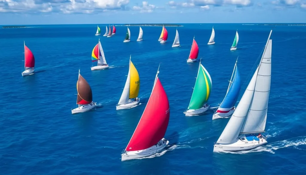 Sailboats racing during Antigua Sailing Week with blue skies and perfect wind conditions