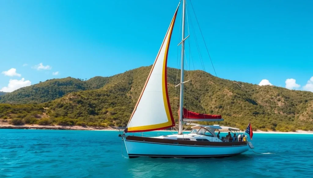 Sailing boat near the coast of Saint Mary, Antigua with beautiful scenery