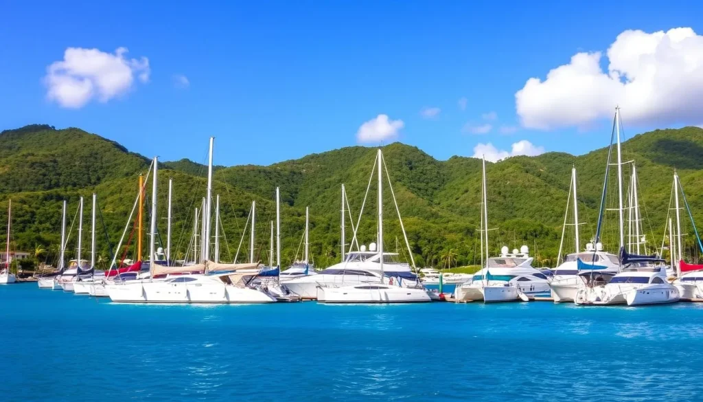 Sailing boats in Jolly Harbour marina with mountains in background, Antigua and Barbuda