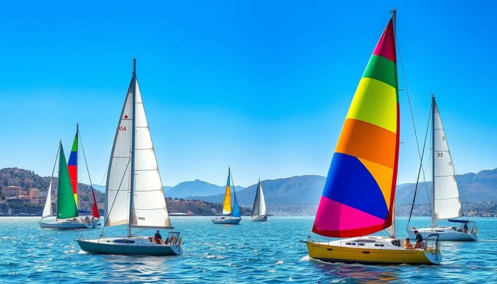 Sailing boats in Toulon Bay with the city skyline in background