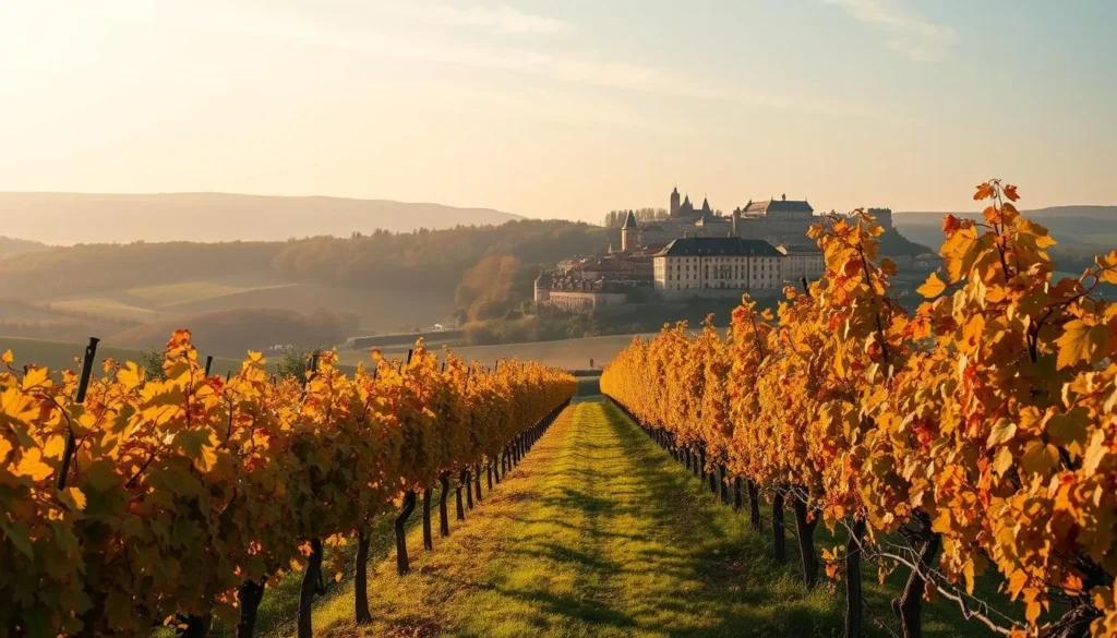 Saint-Emilion vineyards in autumn with golden foliage and grape harvest activities Saint-Emilion vineyards in autumn with golden foliage and grape harvest activities