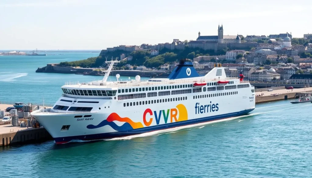 Saint-Malo ferry port with Brittany Ferries ship arriving on a clear day Saint-Malo ferry port with Brittany Ferries ship arriving on a clear day