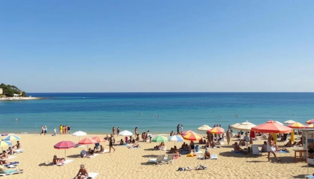 Saint-Tropez beach in September with moderate crowds enjoying perfect weather conditions Saint-Tropez beach in September with moderate crowds enjoying perfect weather conditions