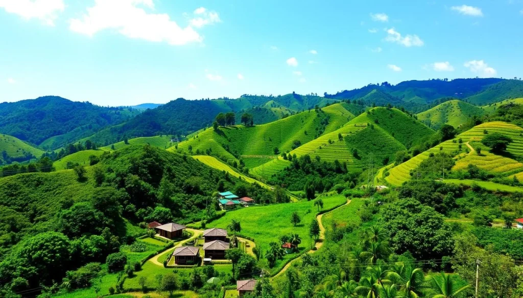 Salatiga's lush green landscape during the dry season with clear blue skies Salatiga's lush green landscape during the dry season with clear blue skies