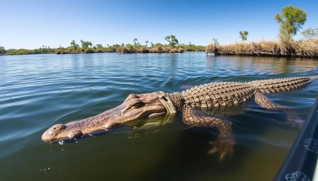 Saltwater crocodile spotting cruise on the Adelaide River during the dry season