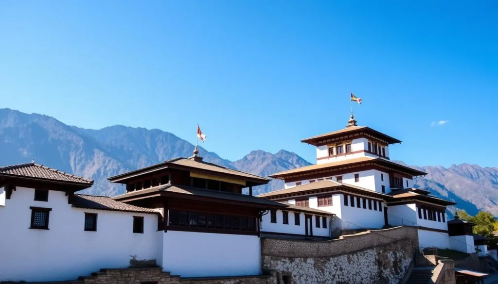 Samdrup Jongkhar Dzong (fortress) with traditional Bhutanese architecture against mountain backdrop