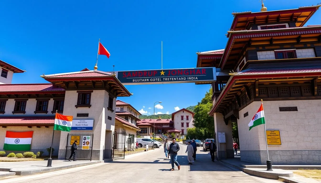 Samdrup Jongkhar border gate between Bhutan and India with traditional Bhutanese architectural elements