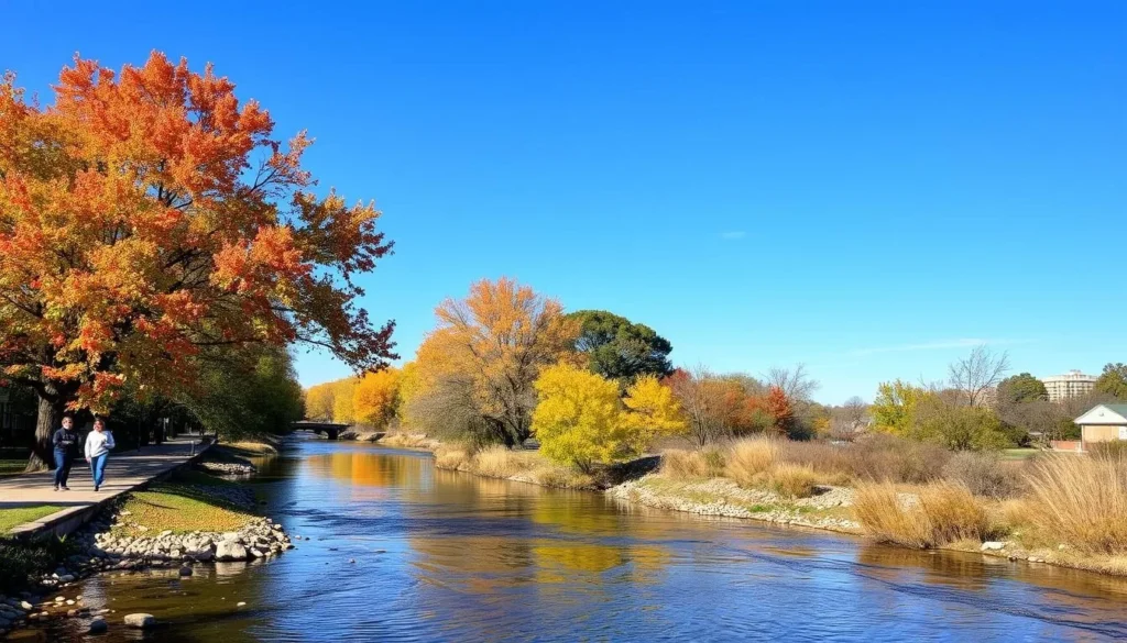 San Angelo Texas Concho River Walk during autumn with colorful foliage and clear blue skies