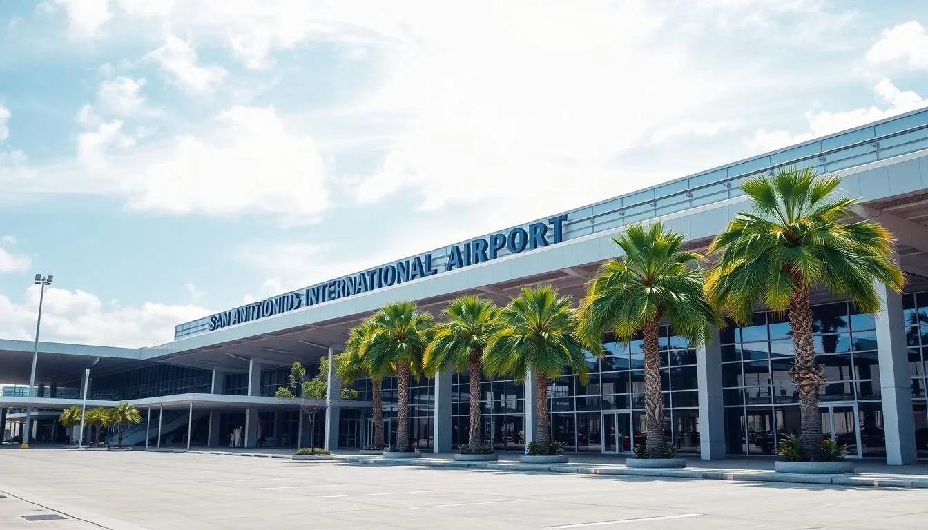 San-Antonio-International-Airport-terminal-with-modern-architecture-and-palm-trees-serving-as- San Antonio International Airport terminal with modern architecture and palm trees, serving as the gateway to Schertz, Texas
