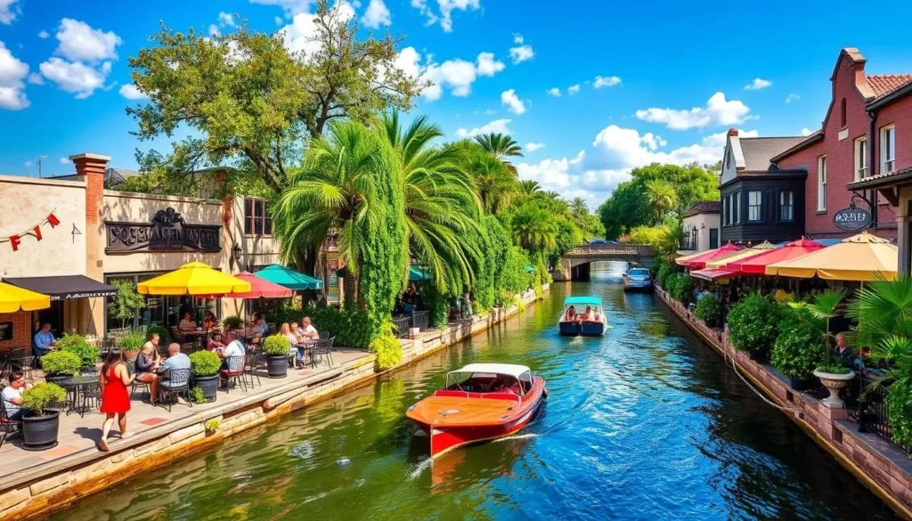 San Antonio River Walk with colorful umbrellas and restaurants, a popular day trip from Schertz Texas San Antonio River Walk with colorful umbrellas and restaurants, a popular day trip from Schertz Texas